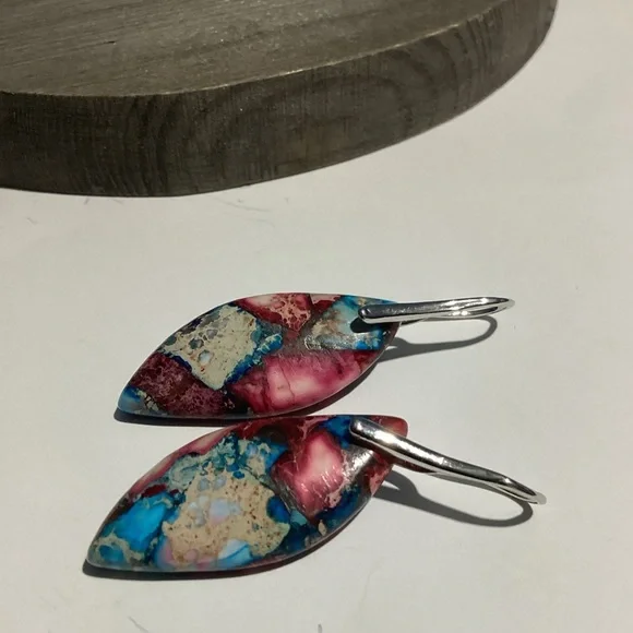 💙 Sterling Silver French Hook Natural Jasper Stone Curvy Boho Drop Earrings